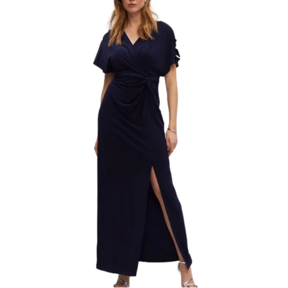 New ALEX EVENINGS Navy Embellished Cutout Sleeve Knotted Maxi Dress Size 8
